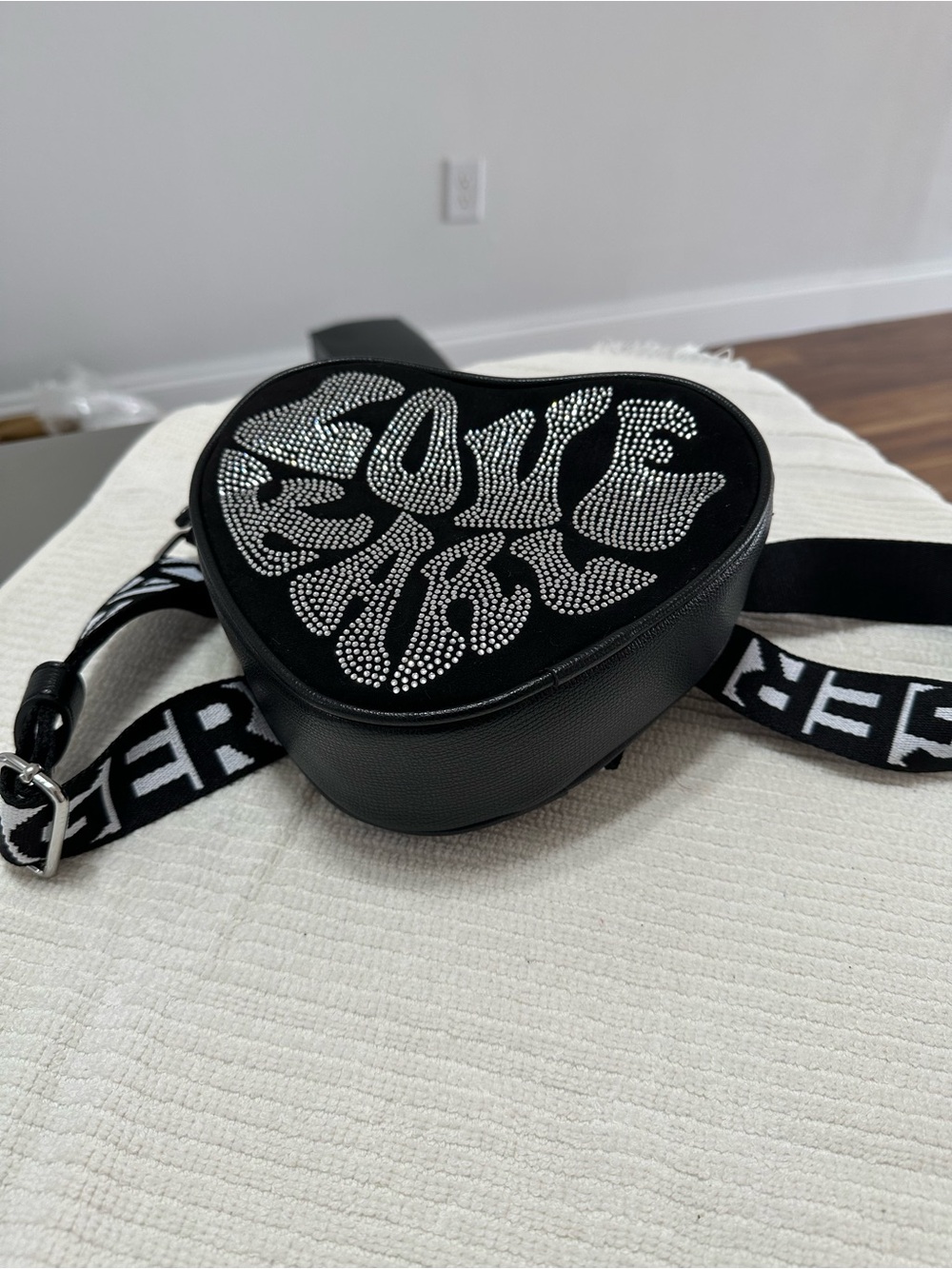 Black Heart Crossbody Bag with Crystal 'Love' Detail